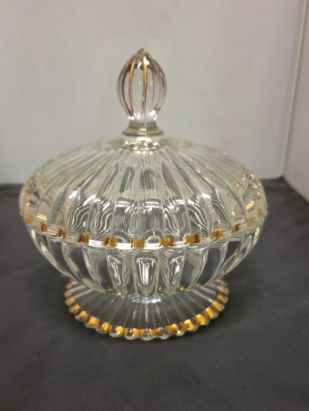 Vintage Jeannette Glass National Covered Candy Nut Dish Gold Trim 1950s MCM - Picture 2 of 6